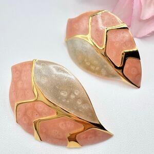 Vintage Edgar Berebi Big Leaf Earrings Peach Gold Tone Taupe Fall Autumn Signed